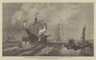 Drake taking the Spanish Galleon Capitana, One of the Armada, to Torbay, 22 July 1588, in the Exhibition of the Society of Painters in Water-Colours